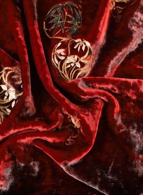 新中式金家丝绣绒球雕烫金丝面料厂180印g国风仿真丝马甲旗袍XPI