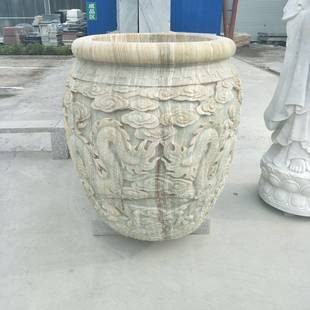 养庭鱼缸291雕院石花盘祥云鱼龙浮雕石槽子雕缸摆件