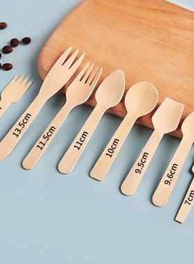 一次性甜品木勺桦木餐勺水果木叉质小号你试头吃木勺圆叉迷勺QLO