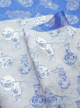 青花瓷唐人代古风面料软服旗袍布垂棉TT4046-t色织汉宝蓝提花箱包