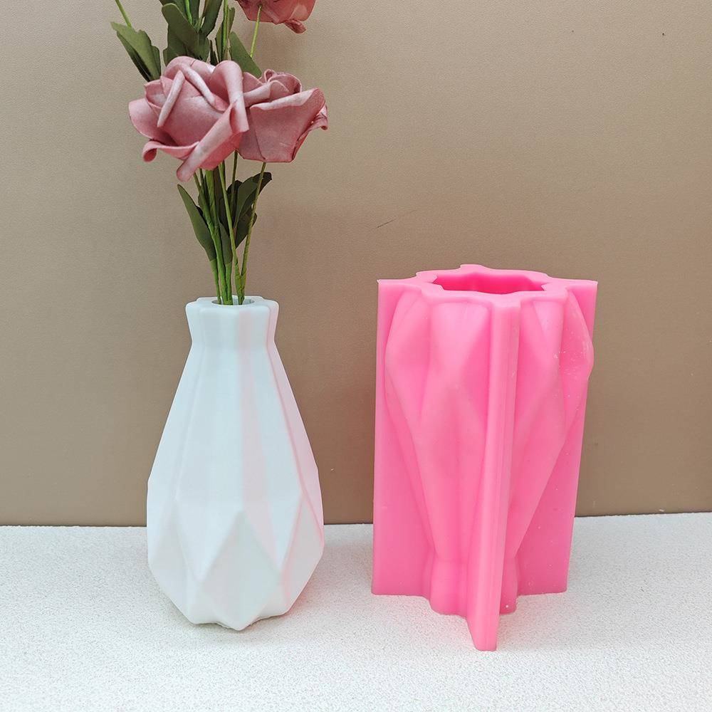 折纸窄口空心花瓶硅胶混花凝土QMX-978模具花，瓶几何菱形干插石