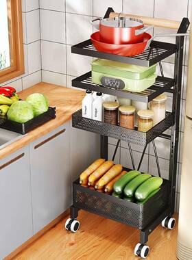 厨房可移动置物架可推纳调味瓶MWJ果蔬杂物收架多功能落地车置拆