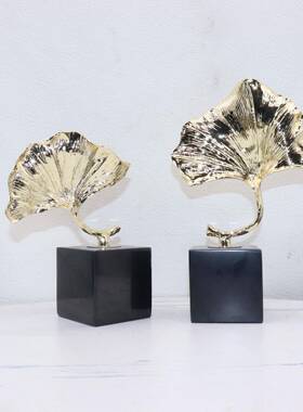 简约新中式创合金杏叶银杏叶理石底座大属摆件家居客金厅意书房样