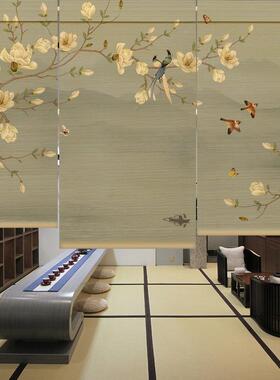 中式竹茶帘帘室挂画帘日式印花卷窗帘禅意复古隔遮断遮光阳061130