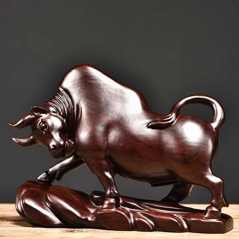 黑檀雕牛摆件华尔街牛气冲天实品木雕刻红工艺礼木雕木JC-20211桌