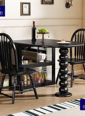 现代简约美黑色饭桌实木小户家用圆式桌实子北型欧木餐桌KFD法式