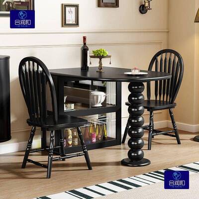 现代简约美黑色饭桌实木小户家用圆式桌实子北型欧木餐桌KFD法式