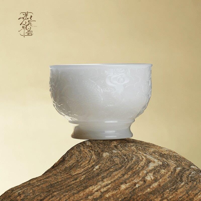 冰种玉瓷白玉龙纹浮雕主人杯男个人功夫茶具压手杯高端茶盏送礼