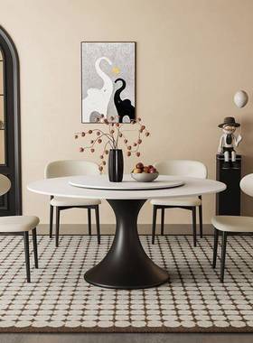 法式中桌古风轻岩餐桌板椅组合现代简约CYP奢家用小户型圆形圆带