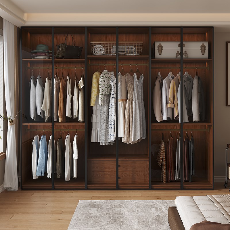 定制衣柜橡木实木一门到顶玻璃柜门卧室家用中古风V储物四门大衣