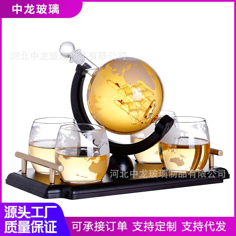 新款高硼硅玻璃醒酒器带提手木托盘850ml酒瓶带酒杯盛酒器套装