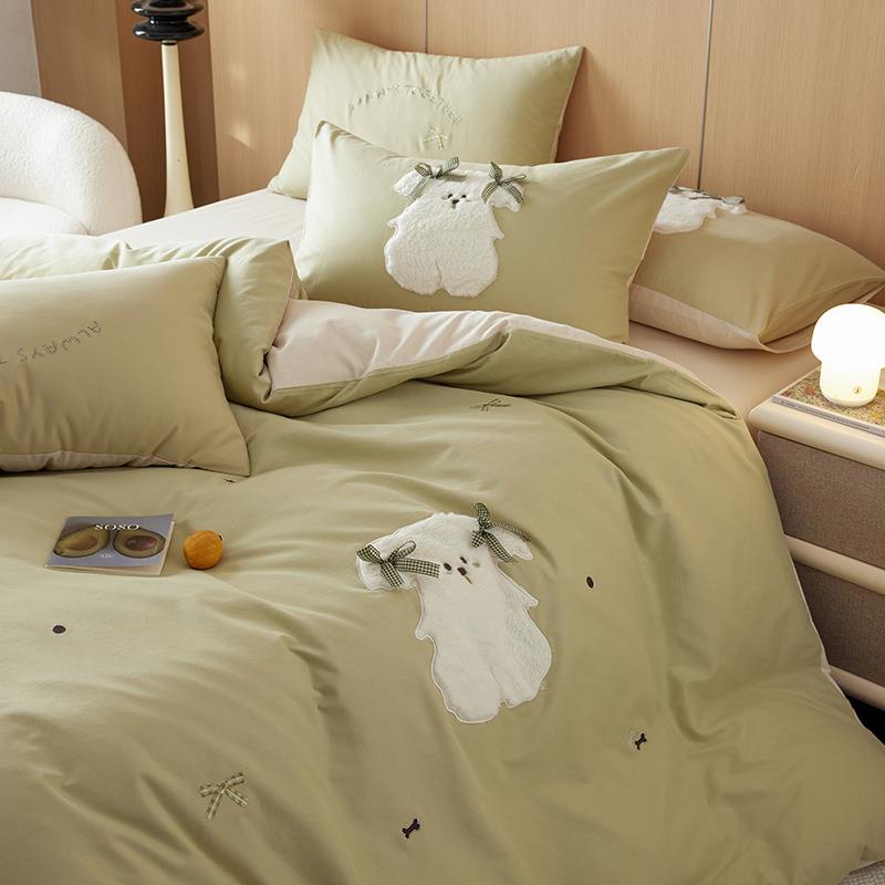 可爱A类100支加厚全棉磨毛四件套少女心毛巾绣纯棉床单被套三件套