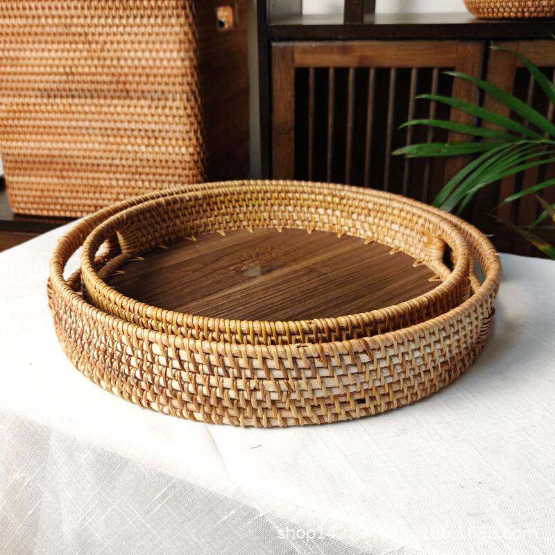 越南手工编织藤编木纹底提手水果盘茶盘圆形托盘创意收纳篮客厅
