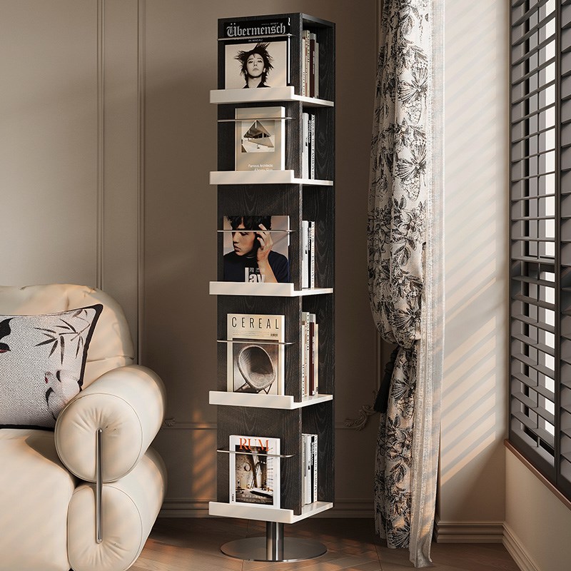 旋转书架杂志架落地全身穿衣镜一体D旋转实木书架奶油风黑白书报