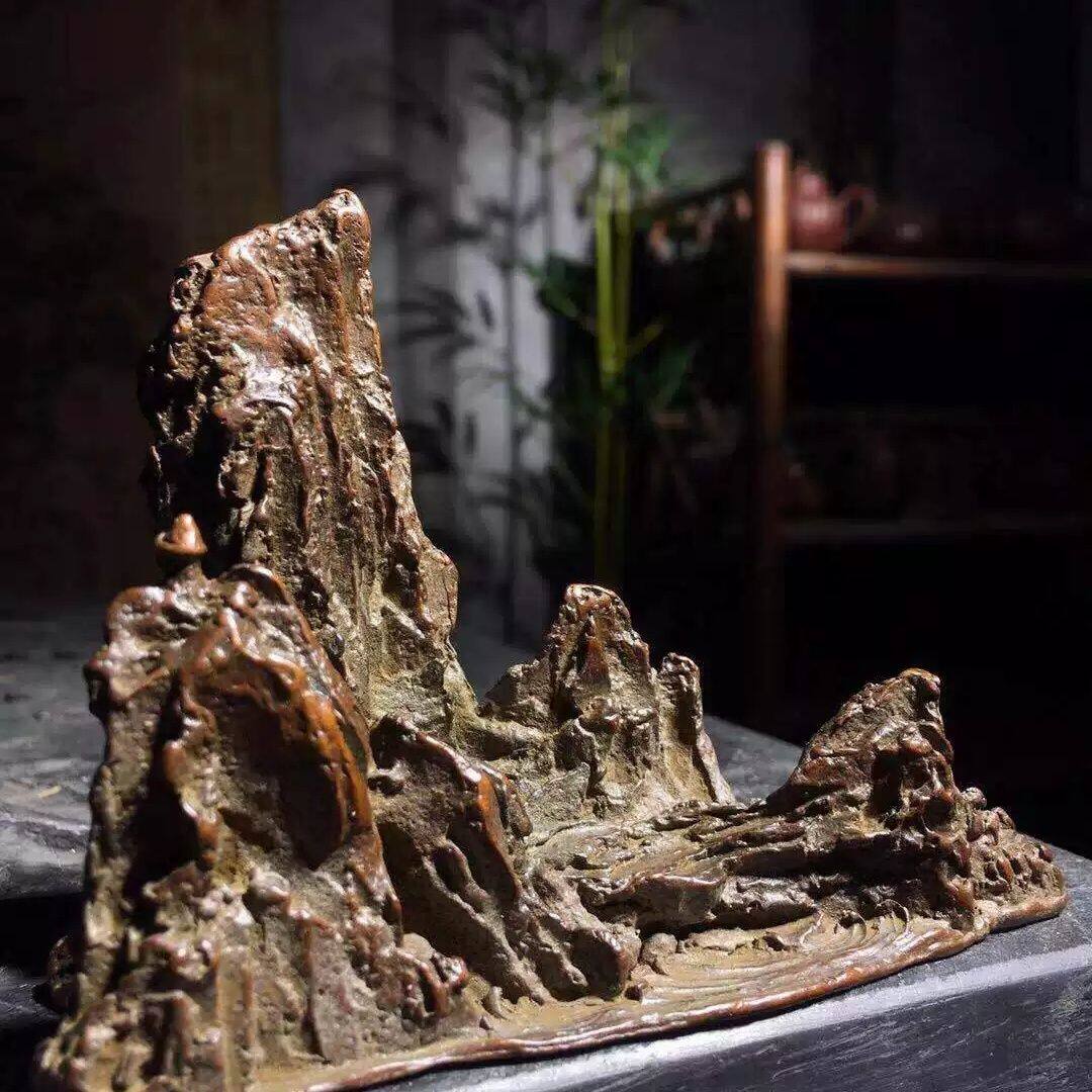 日式复古假山铜摆件桌面茶玩茶桌玄关博古架摆件客厅