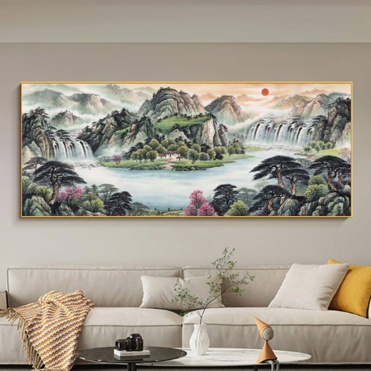 紫气东来靠图办公室字画装饰风景山水客厅挂画国画沙发背景墙壁画