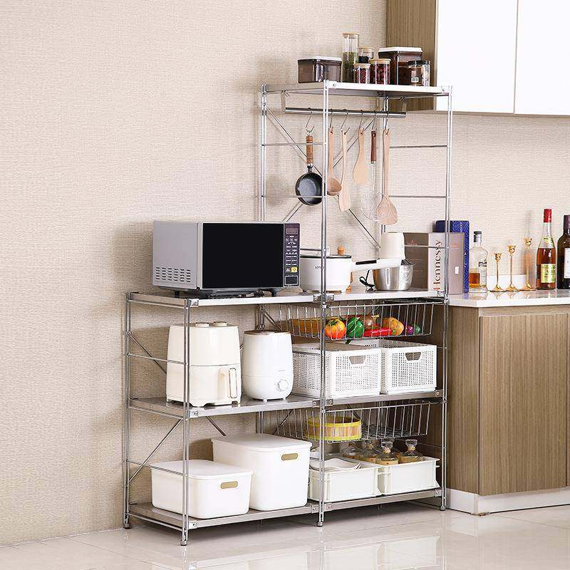 304不锈波钢层置物架多收纳落地书架储厨房微炉储UU101660物家用