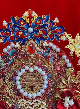 #42团扇新娘结di禾y料包中式古风秀服重工双面双色手工喜材婚扇