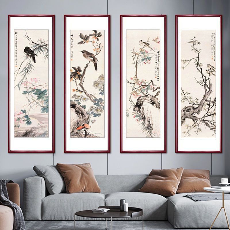 四条屏花鸟客厅沙发背景墙装饰画水墨国画新中式茶室禅意实木挂画