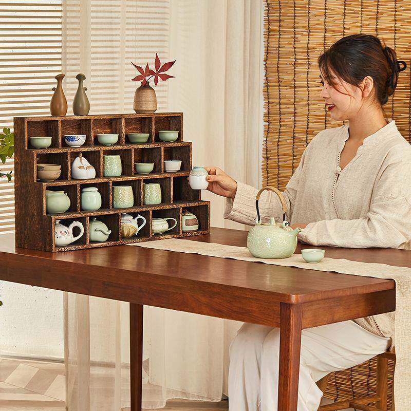 上茶具架实博古梯架格子茶壶架家RZU用木收纳架阶多层展示架桌置