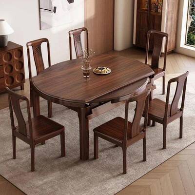 乌金木餐桌椅组合可全伸实木餐桌方圆两用中式缩家客用厅高IVP档