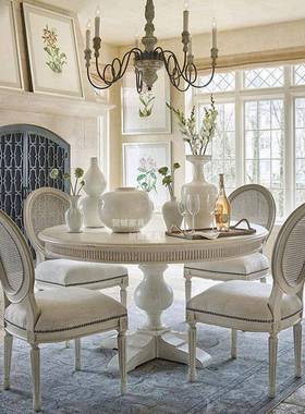 美式乡实村圆木圆形餐桌小户白色做旧复lx-08古餐桌法式餐台餐椅