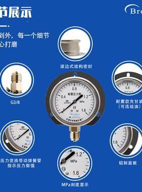 压力表YN75耐震压力表FRT带边船用力规格T齐全表气压水压0-1.6压M