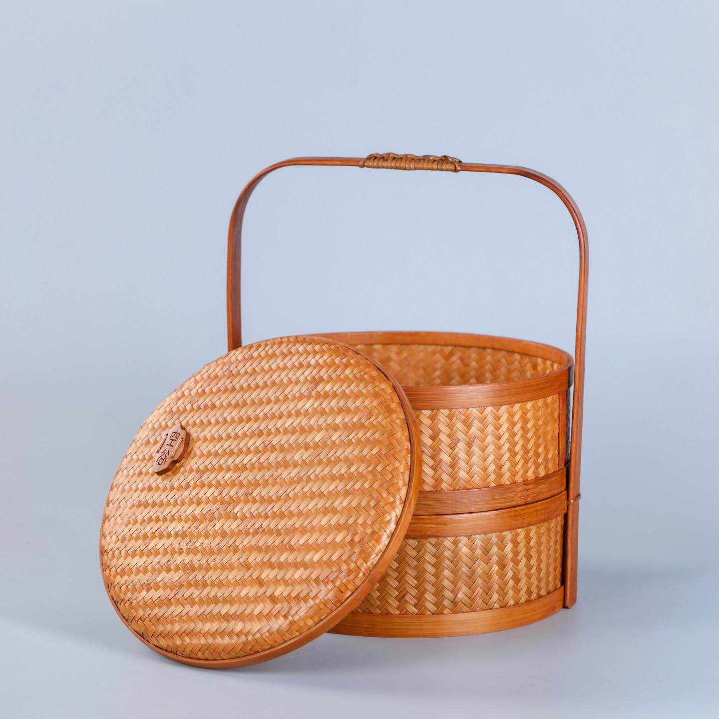手工竹编提篮食盒双具层盖提提YY0892盒手编织竹篮子水果带篮茶收