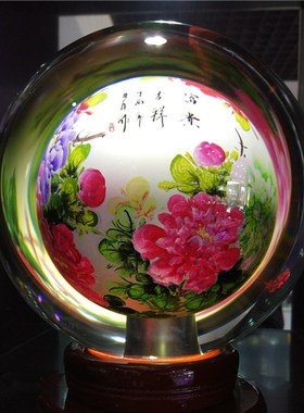 水晶内画球富贵吉祥牡丹花手工艺品艺术国粹客厅玄关装饰送礼摆件