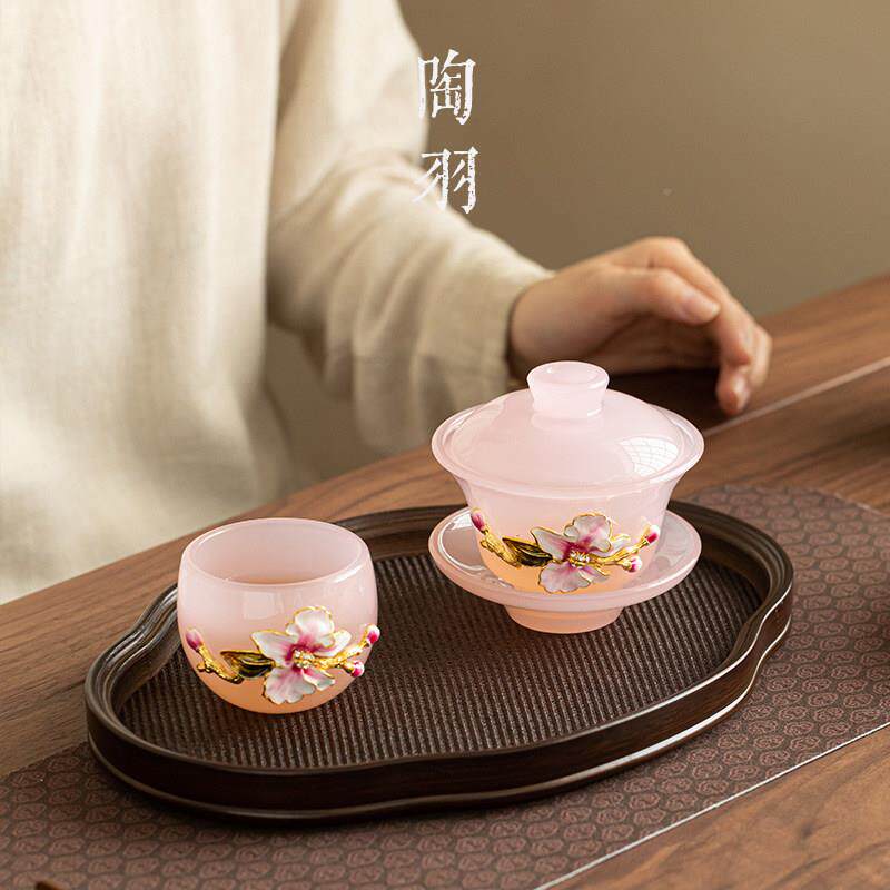 粉色璃花语盖碗琉一壶一杯盘茶杯家茶用TY-24814夫茶具防烫手泡茶