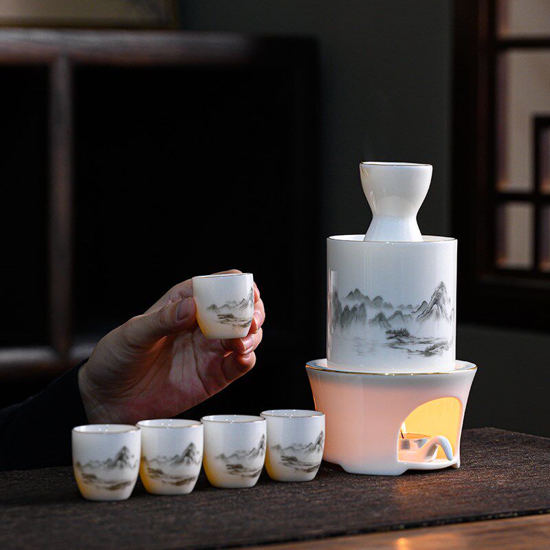 中国风黄酒温酒器家用烛台加热暖酒壶套装老式陶瓷白酒杯送礼盒装