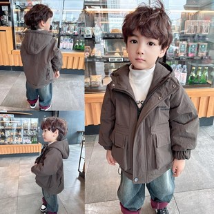 韩系工装风~男童口袋连帽夹棉外套2024深秋初冬款儿童薄棉棉衣潮