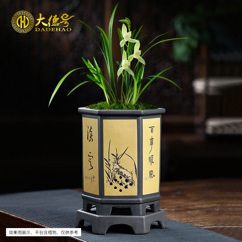 大德号六方形紫砂黑泥手工带托盘盆景盆绿植透气兰花蓝草花盆