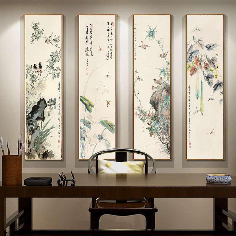 新中式客厅装饰画四联花鸟餐厅挂画现代酒店玄关走廊壁画长条竖版