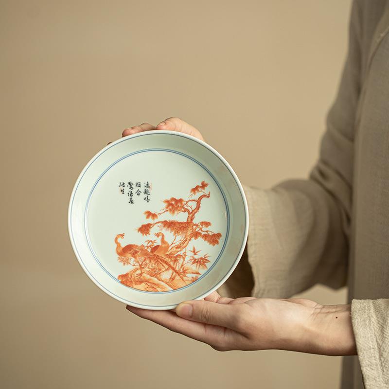 仿古矾红双凤壶承陶瓷蓄水茶盘干泡盘简约果盘茶点盘陶瓷茶具配件