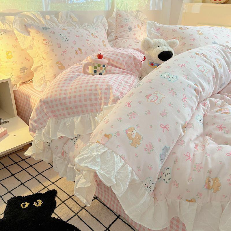 韩式少女心纯棉床上四件套公主风可爱全棉床单被套宿舍三件套女孩