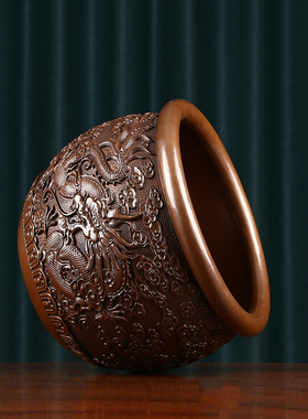 紫铜龙缸摆件铜缸入户聚宝盆中式办公室装饰品创意画卷收纳缸