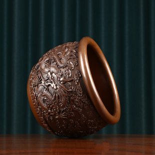 紫铜龙缸摆件铜缸入户聚宝盆中式办公室装饰品创意画卷收纳缸