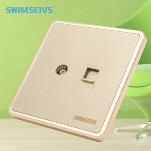 86型墙壁有线电视闭路电话插座二合一金色拉丝电视电话插座面板