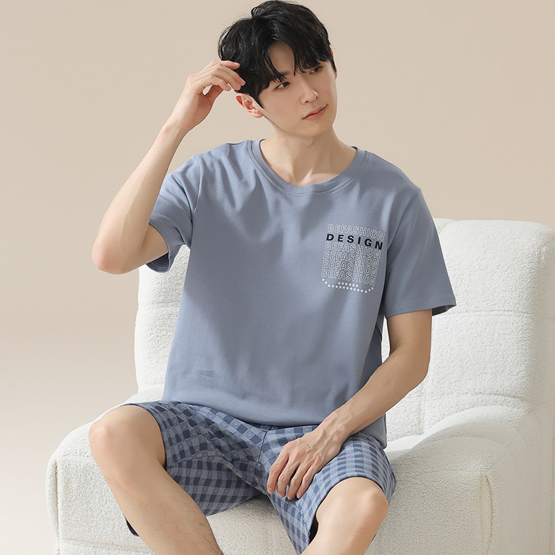 卡之恋睡衣套装男款圆领套头短袖短裤格子薄款纯棉学生青年家居服