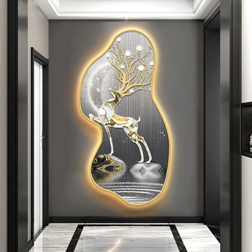 入户玄关装饰画LED灯画竖版进门背景墙挂画轻奢麋鹿石头走廊尽头