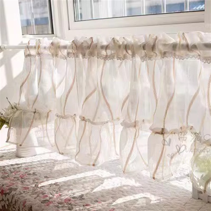 韩式田园咖啡帘半帘厨房小窗帘粘贴免打孔穿杆帘头窗纱短帘橱柜帘