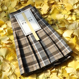 格子百褶裙女秋冬a字高腰短裙显瘦百搭毛呢裙子蓝色遮胯半身裙裤