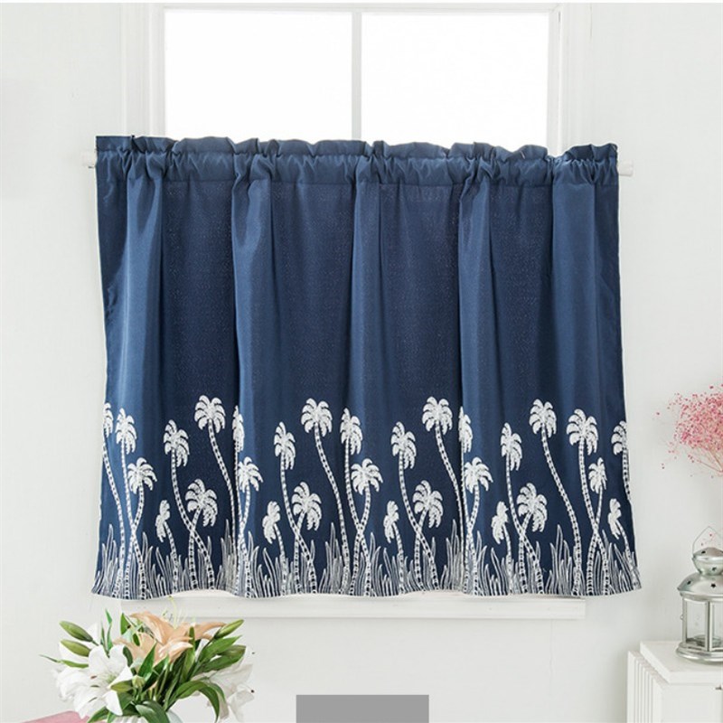 绣花短款窗帘布厨房半遮光免打孔遮挡迷你小窗户卧室阳台定制粘贴