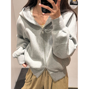 灰色连帽拉链短款卫衣女2024新款秋冬百搭小个子开衫加绒加厚外套