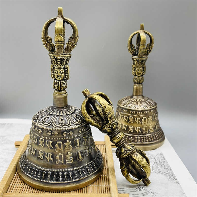 尼泊尔手工金刚铃杵法器藏传六字真言铃铛摇铃唤醒铃摆件声音清脆
