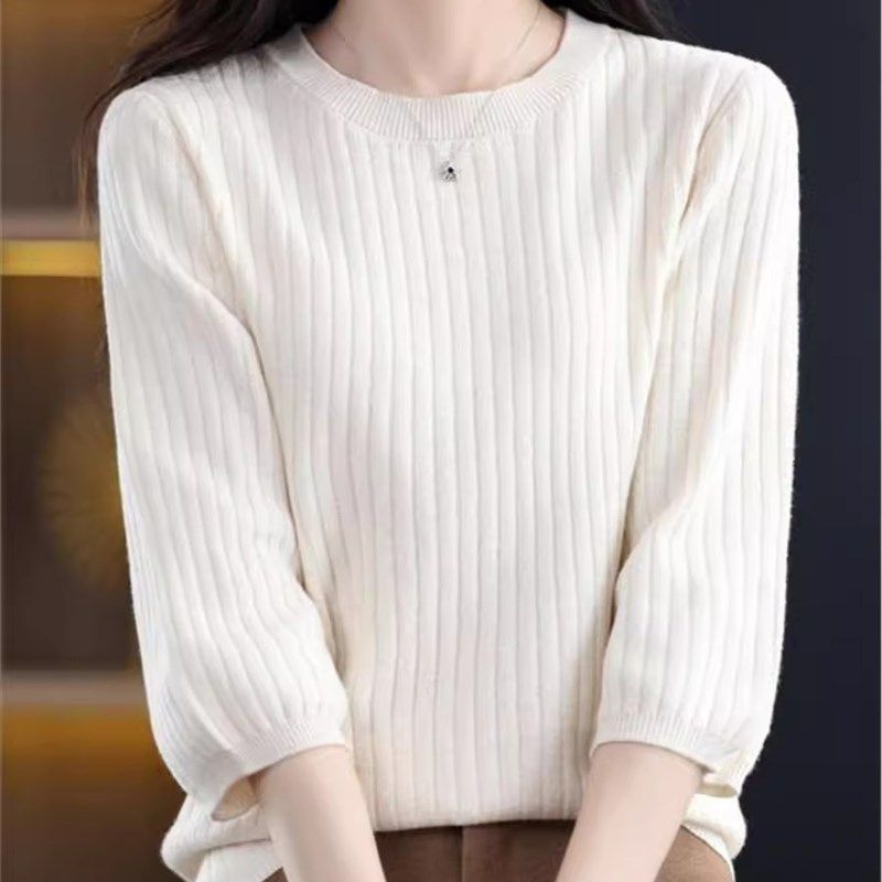 洋气小衫纯棉线七分袖打底针织衫女圆领套头中袖毛衣宽松短款上衣,女装/女士精品,毛针织衫,淘宝优惠券,粉丝福利购,淘宝优惠卷