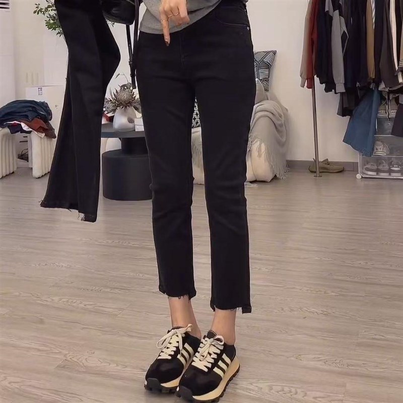 春季新款高腰大码修身显瘦直筒牛仔裤女胖妹妹弹力八九分烟管裤子