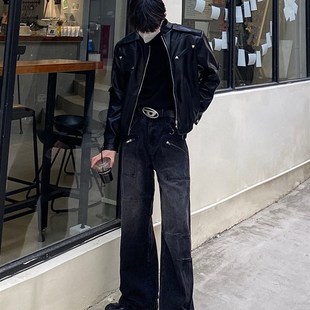 高级感短款机车皮衣男女小众金属设计感黑色休闲翻领垫肩夹克外套