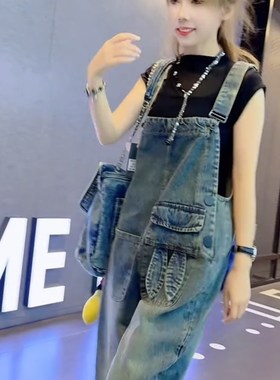 高级感牛仔背带裤女秋款2024年新款连体裤高腰牛仔阔腿裤